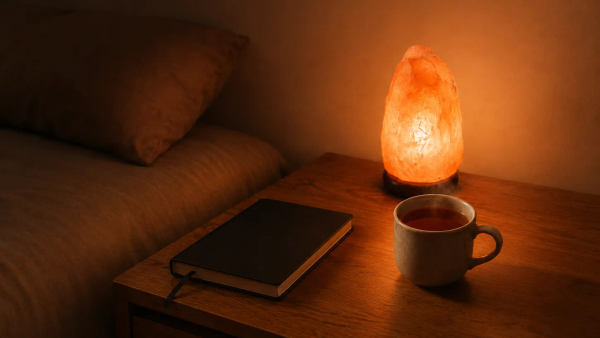 A bedside table with a glowing Himalayan salt lamp, a plain mug of tea, and a notebook beside a cosy bed