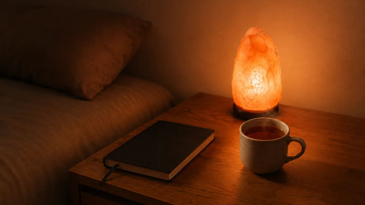 A bedside table with a glowing Himalayan salt lamp, a plain mug of tea, and a notebook beside a cosy bed