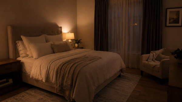 A softly lit bedroom at night with a warm amber bedside lamp casting gentle light over white linen bedding
