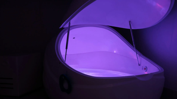 An abstract float pod illustration suggesting stillness and sensory rest.