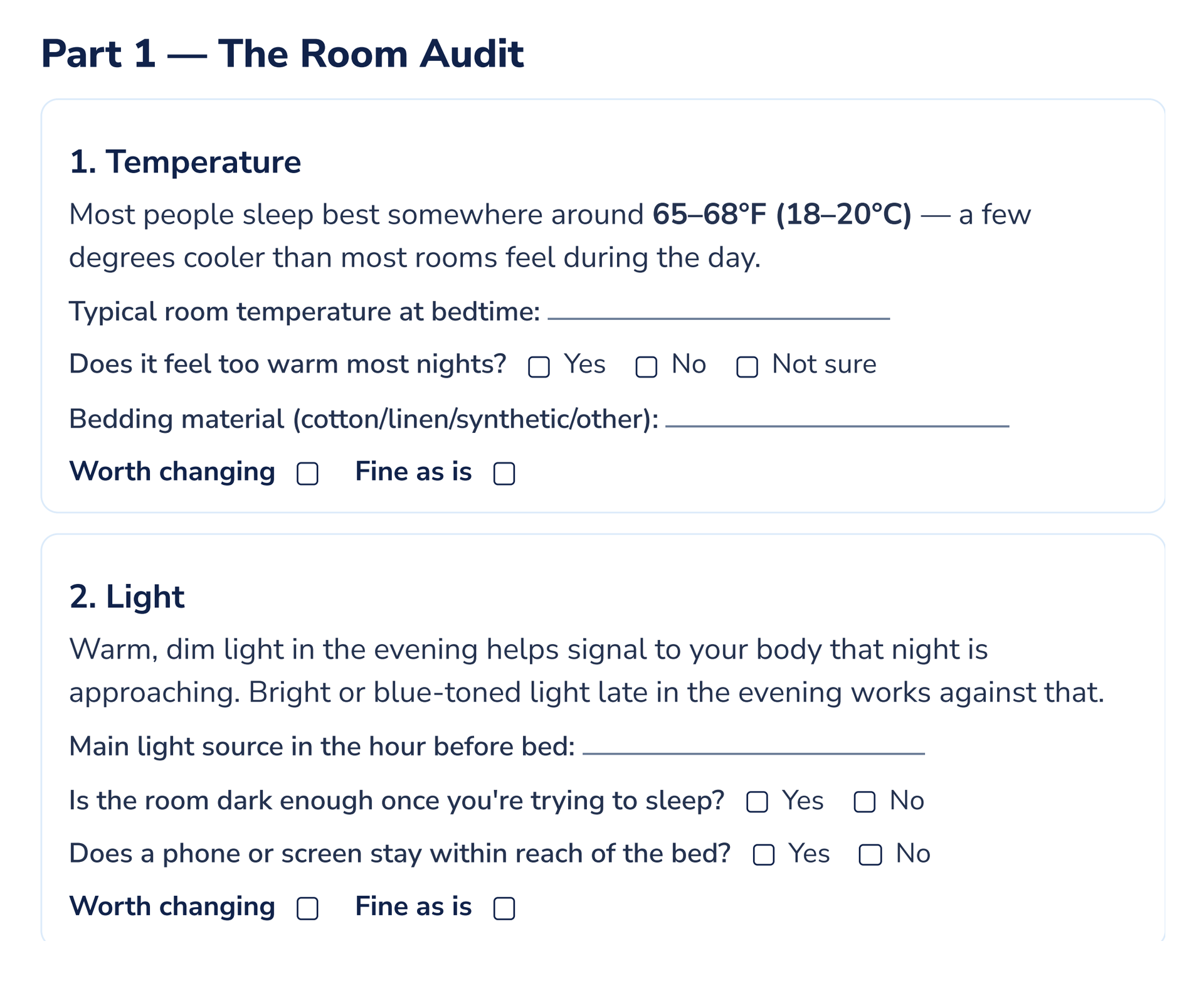 Preview of a fillable audit section from The Sleep Environment Audit & Tracker